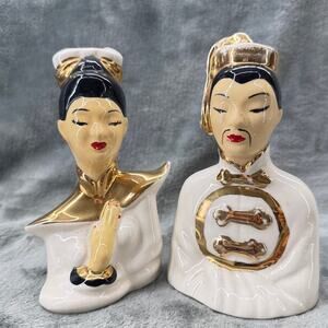 2 Vintage Mid Century Asian Couple Ceramic Bust Figurines Gold White Iridescent